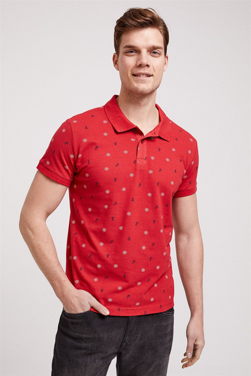 Anchors Erkek %100 Pamuk Baskılı Polo Yaka T-Shirt Kırmızı