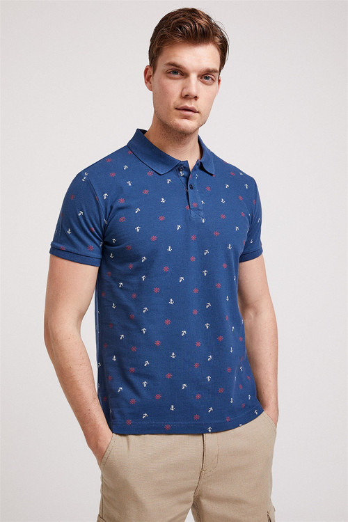 Anchors Erkek %100 Pamuk Baskılı Polo Yaka T-Shirt İndigo