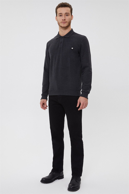 Newblend Erkek Polo Yaka Sweatshirt Antrasit Melanj