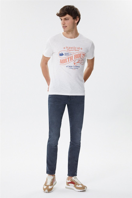 Merlin Erkek %100 Pamuk Bisiklet Yaka T-Shirt Off White