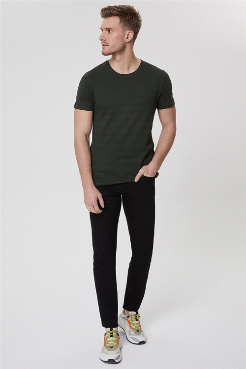 Baines Erkek %100 Pamuk Bisiklet Yaka T-Shirt Haki