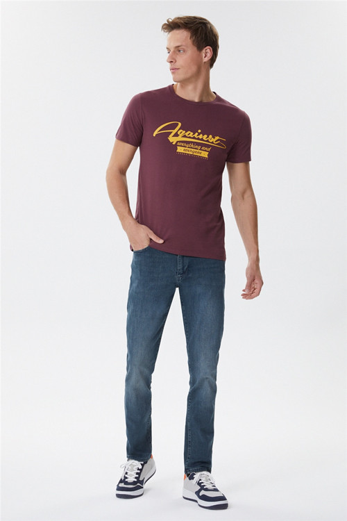 Against Erkek %100 Pamuk Bisiklet Yaka T-Shirt Mürdüm