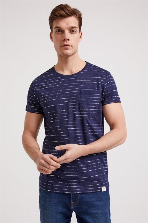Caley Erkek %100 Pamuk Bisiklet Yaka T-Shirt Lacivert Çizgili