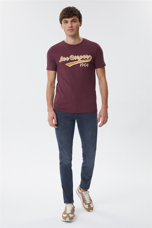 Hardy Erkek %100 Pamuk Bisiklet Yaka T-Shirt Mürdüm