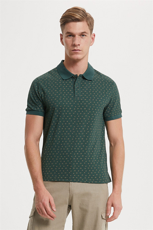 Nature Erkek %100 Pamuk Baskılı Polo Yaka T-Shirt Koyu Yeşil