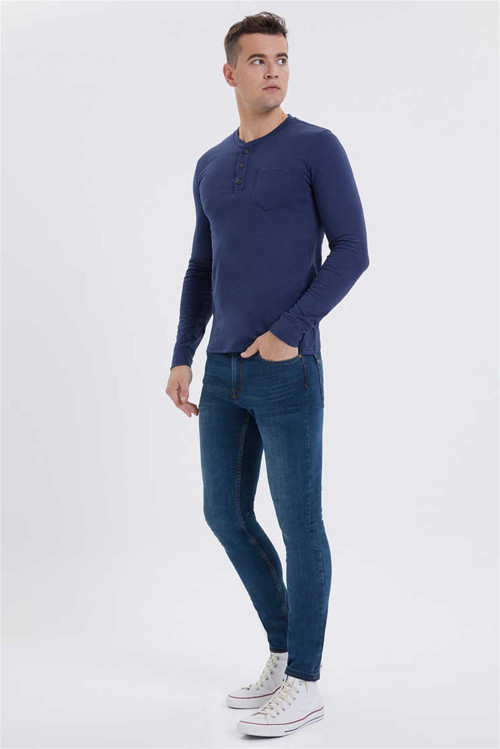 Faris Erkek %100 Pamuk Bisiklet Yaka Patli Sweatshirt Lacivert