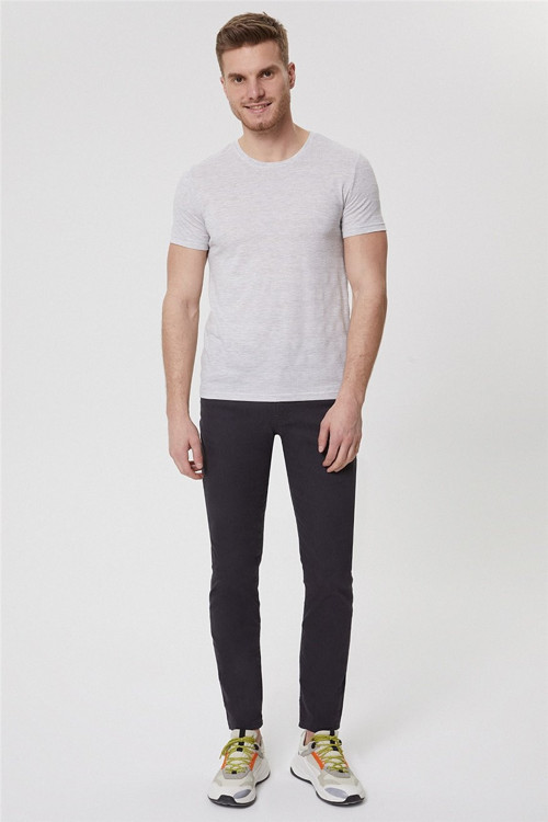 Baines Erkek %100 Pamuk Bisiklet Yaka T-Shirt Gri Melanj
