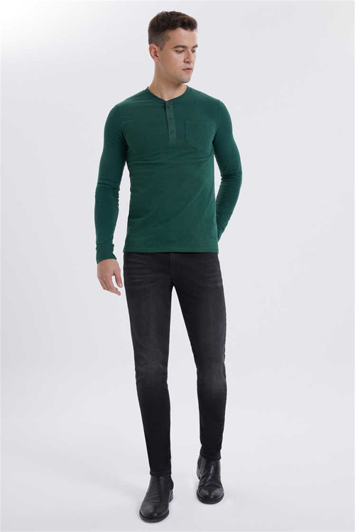 Faris Erkek %100 Pamuk Bisiklet Yaka Patli Sweatshirt Koyu Yeşil