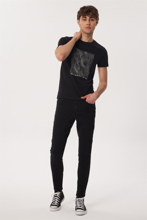 Charles Erkek %100 Pamuk O Yaka T-Shirt Siyah