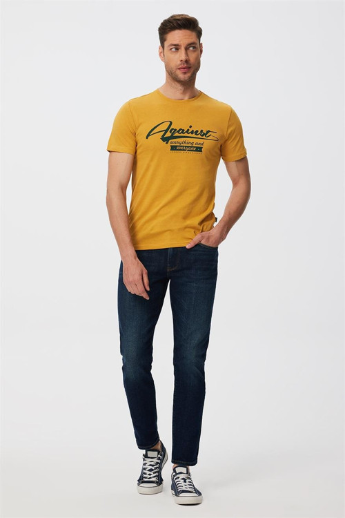 Against Erkek %100 Pamuk O Yaka T-Shirt Safran