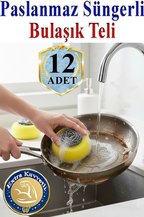 Süngerli Bulaşık Teli Ovma Teli 12 Adet Süngerli Toptel Sürtme Teli Lavabo Mutfak Banyo Temizlik Teli Sert Yüzey