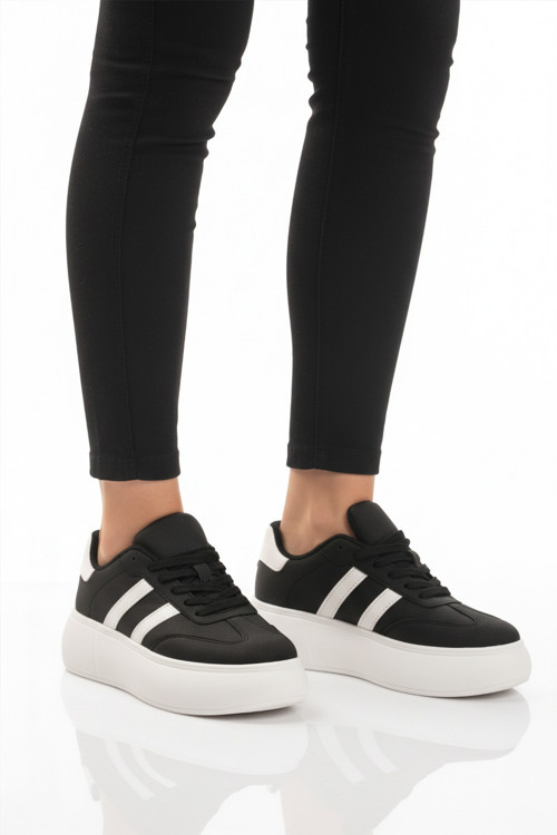Siyah Beyaz Yüksek Taban Bağcıklı Unisex Sneaker Dvs-01 Z