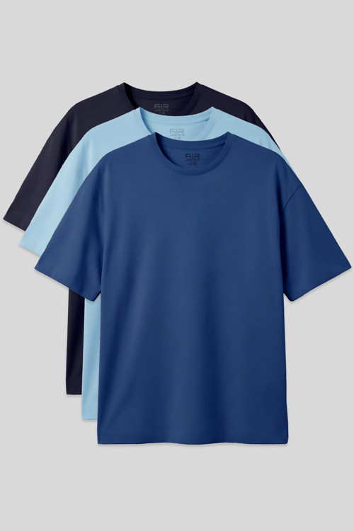 Oversize Fit Basic 3lü Paket Lacivert-Açık Mavi-Parlament Erkek T-Shirt - 88353