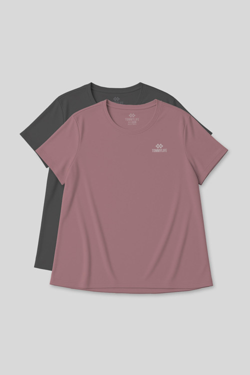 Rahat Form 2li Paket Koyu Gri-Gül Kurusu Battal Kadın T-Shirt - 97308