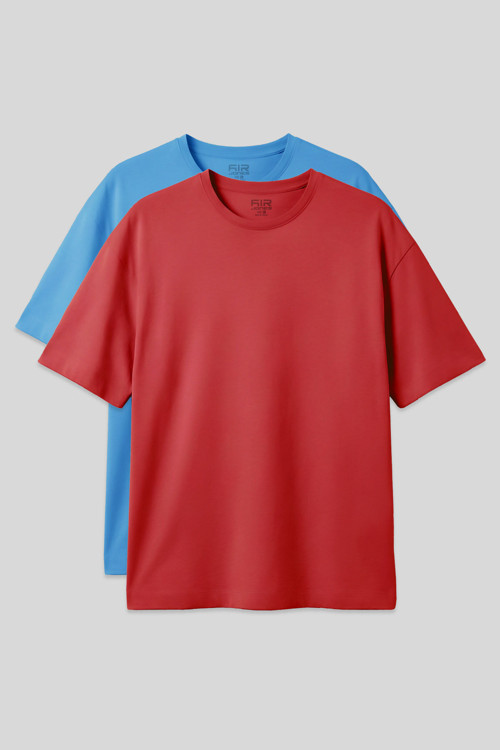 Basic Oversize O Yaka 2li Paket Fiesta-Petrol Mavi Erkek T-Shirt - 88377