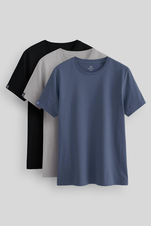 Standart Fit Basic O Yaka 3lü Paket Siyah-Petrol-Taş Erkek T-Shirt - 87911