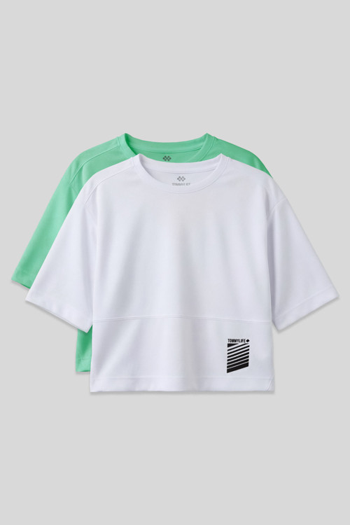 Oversize Fit O Yaka 2li Paket Beyaz-Su Yeşili Kadın T-Shirt - 97284