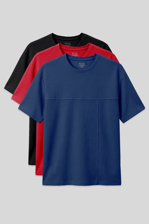 Oversize Fit Basic 3lü Paket Siyah-Kırmızı-Parlament Erkek T-Shirt - 88380