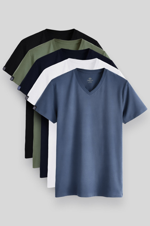 Standart Fit Basic V Yaka 5li Paket Erkek T-Shirt - 87912