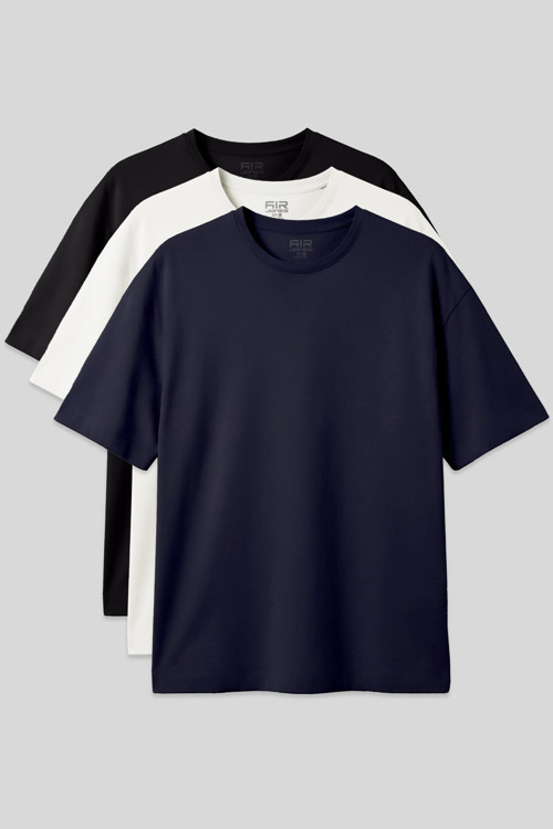 Basic Oversize O Yaka 3lü Paket Siyah-Lacivert-Ekru Erkek T-Shirt - 88377