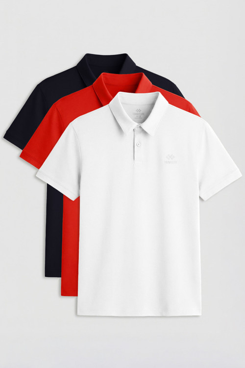 Standart Fit Basic Polo Yaka 3lü Paket Beyaz-Lacivert-Kırmızı Erkek T-Shirt - 87748