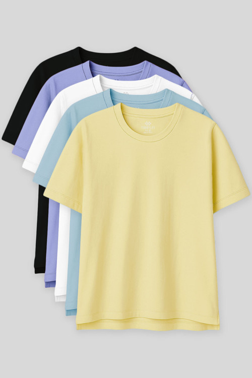 Oversize Fit Basic O Yaka 5li Paket Kadın T-Shirt - 97285