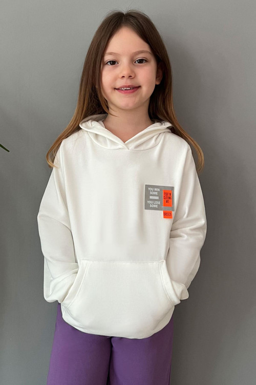 Kız Çocuk Sweatshirt Kapüşonlu Arma Detaylı 4-8 Yaş, Ekru