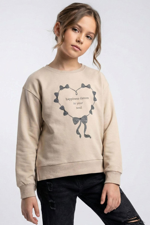 Kız Çocuk Sweatshirt Simli Kurdeleli Kalp Baskılı 9-14 Yaş, Bej