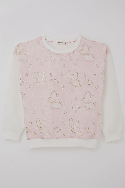 Kız Çocuk Sweatshirt Pullu Kelebek İşlemeli Tülü Çiçek Detaylı 8-12 Yaş, Pembe
