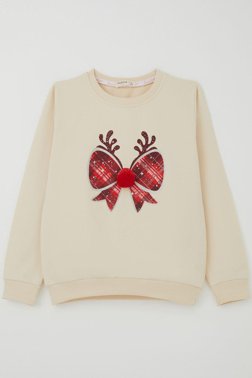 Kız Çocuk Sweatshirt Ponponlu Yılbaşı Kurdeleli 6-12 Yaş, Krem