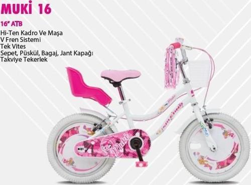 Muki 16 Jant Kız Çocuk Bisikleti V Fren Aksesuarlı Sepetli Beyaz Pembe