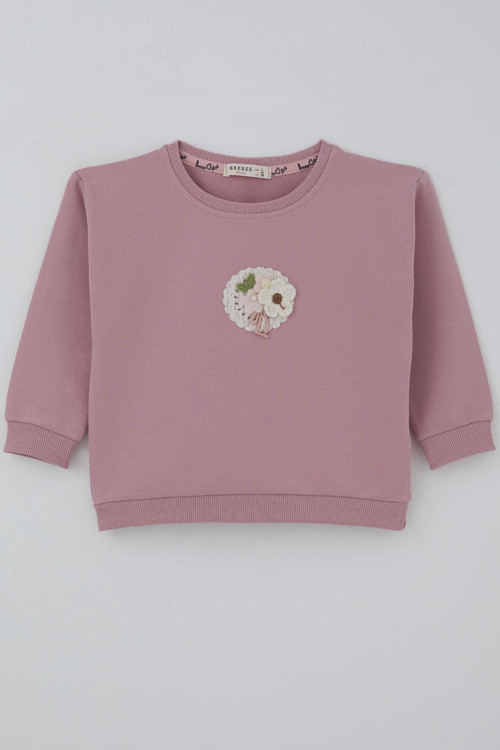 Kız Çocuk Sweatshirt Triko Çiçek Aplike Armalı 2-6 Yaş, Gülkurusu