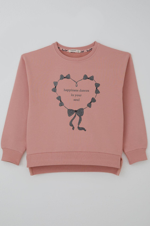Kız Çocuk Sweatshirt Simli Kurdeleli Kalp Baskılı 9-14 Yaş, Gülkurusu