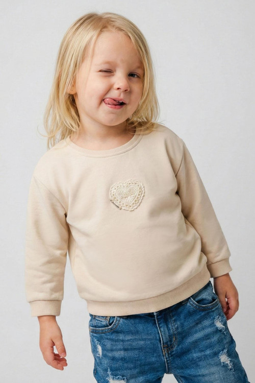 Kız Çocuk Sweatshirt Güpürlü Kalp Arma Detaylı 2-6 Yaş, Krem