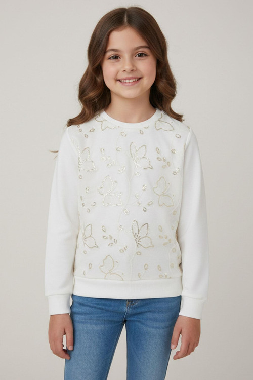 Kız Çocuk Sweathirt Pullu Kelebek İşlemeli Tülü Çiçek Detaylı 8-12 Yaş, Ekru