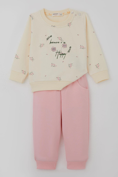 Kız Bebek Eşofman Takımı Pembe Çiçek Desenli 6 Ay-2 Yaş, Krem