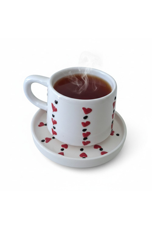 Kalp Desenli Büyük Boy Seramik Kahve Fincanı - Filtre Kahve Ve Double Kahve İçin