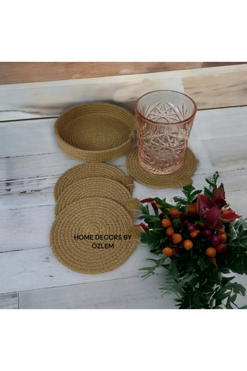 4 Adet Bardak Altlığı Jüt Pamuk Hasır Sunum Mutfak Sofra Dekor El Yapımı Makine Dikişli Çap 12 Cm