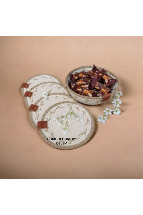 4 Adet Bardak Altlığı Jüt Pamuk Hasır Sunum Mutfak Sofra Dekor El Yapımı Makine Dikişli Çap 12 Cm