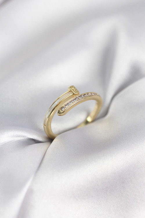 Zirkon Taşlı Gold Renk Yassı Çivi Model Kadın Yüzük - EBJ260214W39555