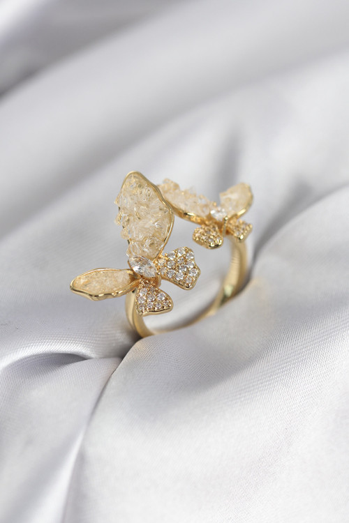 Gold Renk Beyaz Kelebek Model Zirkon Taşlı Kadın Yüzük - EBJ260214W39538