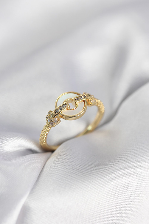 Gold Renk Daire Form Sedef ve Zirkon Taşlı Kadın Yüzük - EBJ260214W39597