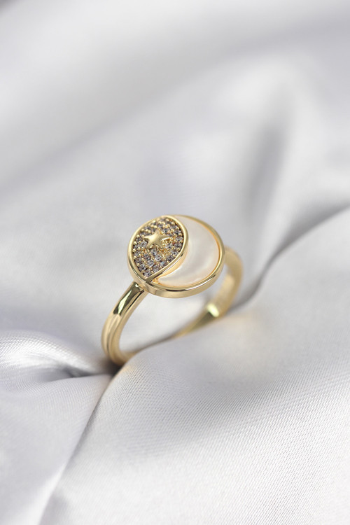 Ay Yıldız Model Gold Renk Zirkon Taşlı Kadın Yüzük - EBJ260214W39589