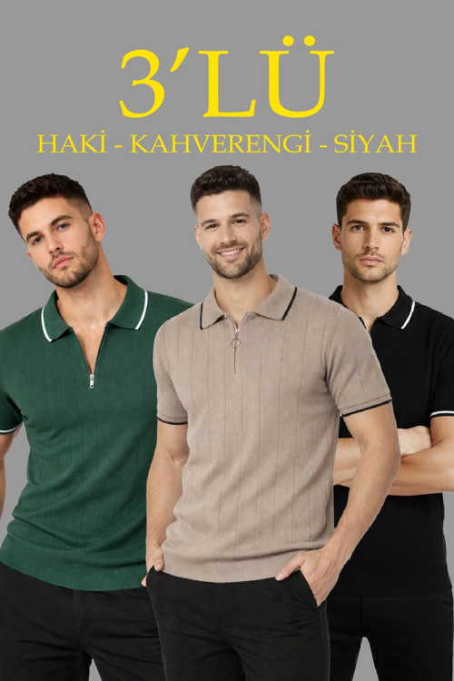 Erkek 3’lü Paket Dokuma Triko Fermuarlı Yakalı Fitilli Kısa Kollu Regular Fit Tişört