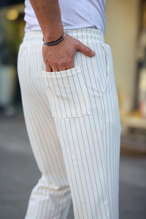 Cizgili Dokuma Krep Jogger Buggy Pantalon Rahat kalıp - Beyaz