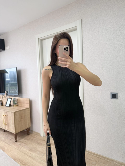 Fitilli Triko Elbise Kolsuz Sırtı Kapalı Maxi Uzun Boy - Siyah