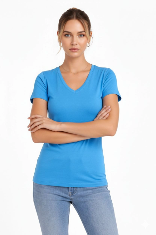 Kadın V Yaka Slim Fit Likralı Tişört - Açık Mavi