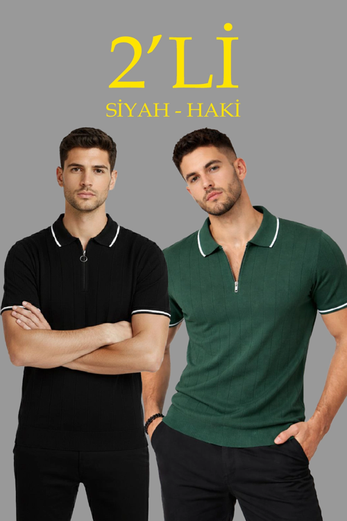 Erkek 2’li Paket Dokuma Triko Fermuarlı Yakalı Fitilli Kısa Kollu Regular - Haki Siyah