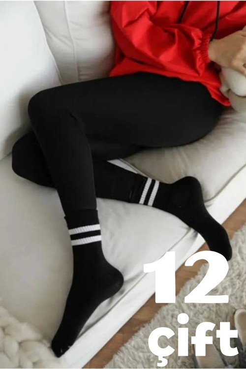 Ünisex 12 Çift Çizgi Şeritli Çorap Set Penye Pamuk Esnek Yumuşak Likralı