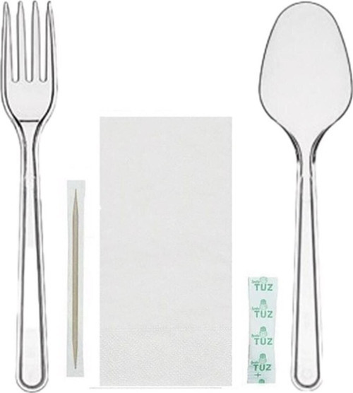 40 Adet Tekli Ambalajlı Plastik Lüks Kullan At Kaşık, Çatal, Peçete, Kürdan, Tuz 5 Li Yemek Seti